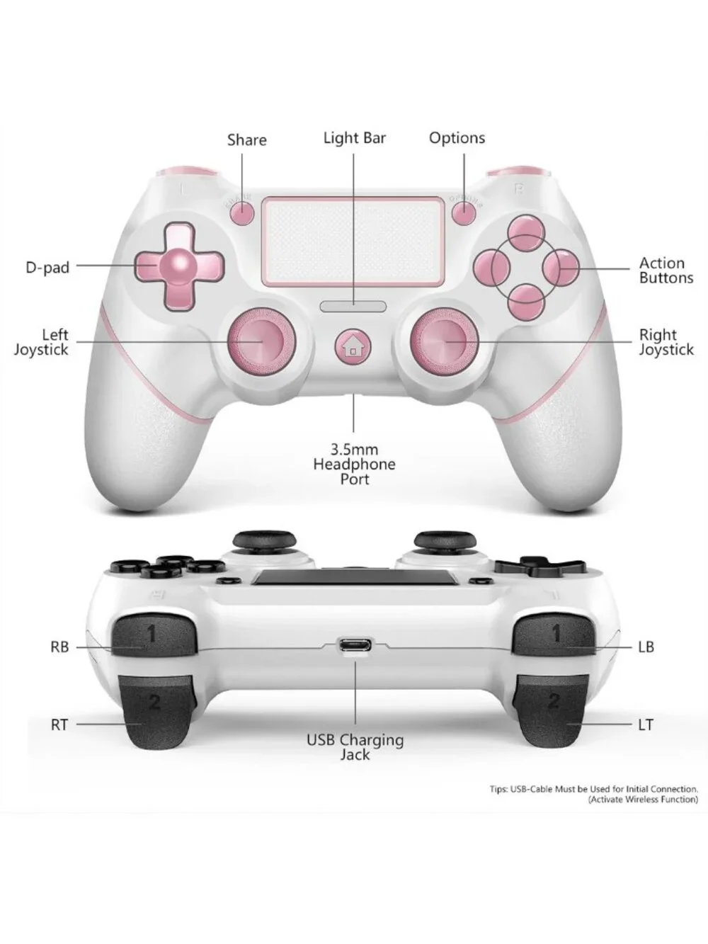Wireless PS4 Controller 2-Pack, Non-Slip Grip, 3.5mm Audio Jack, USB-C, Pink